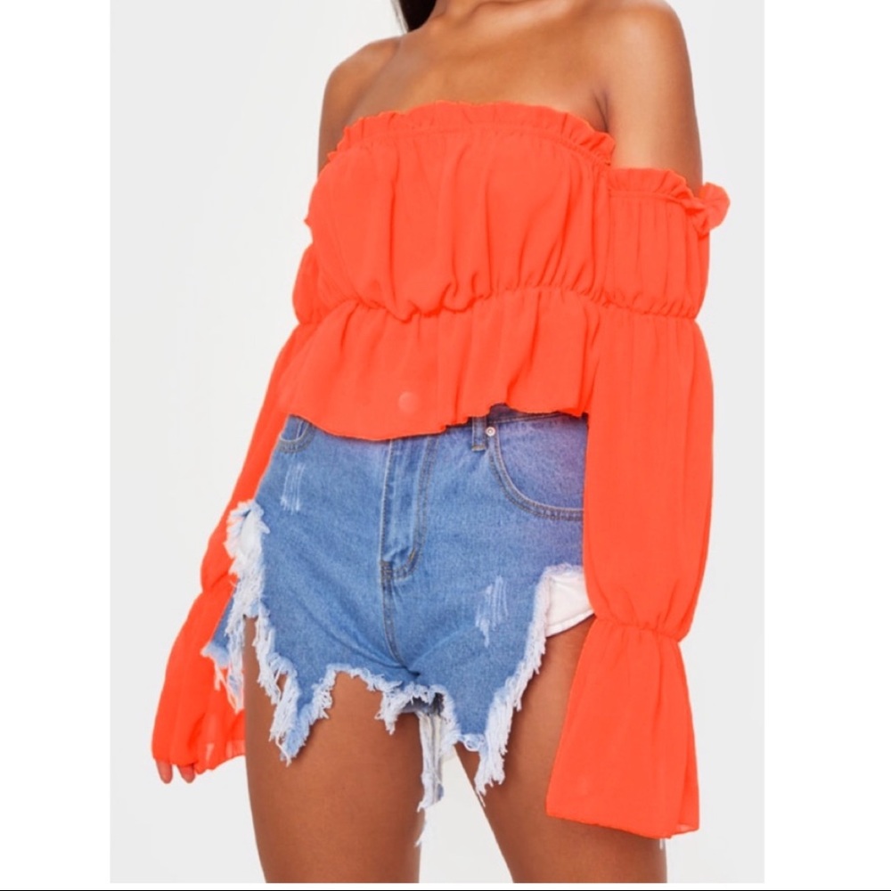 PLT Neon Orange Ruffle Bardot Flared Blouse